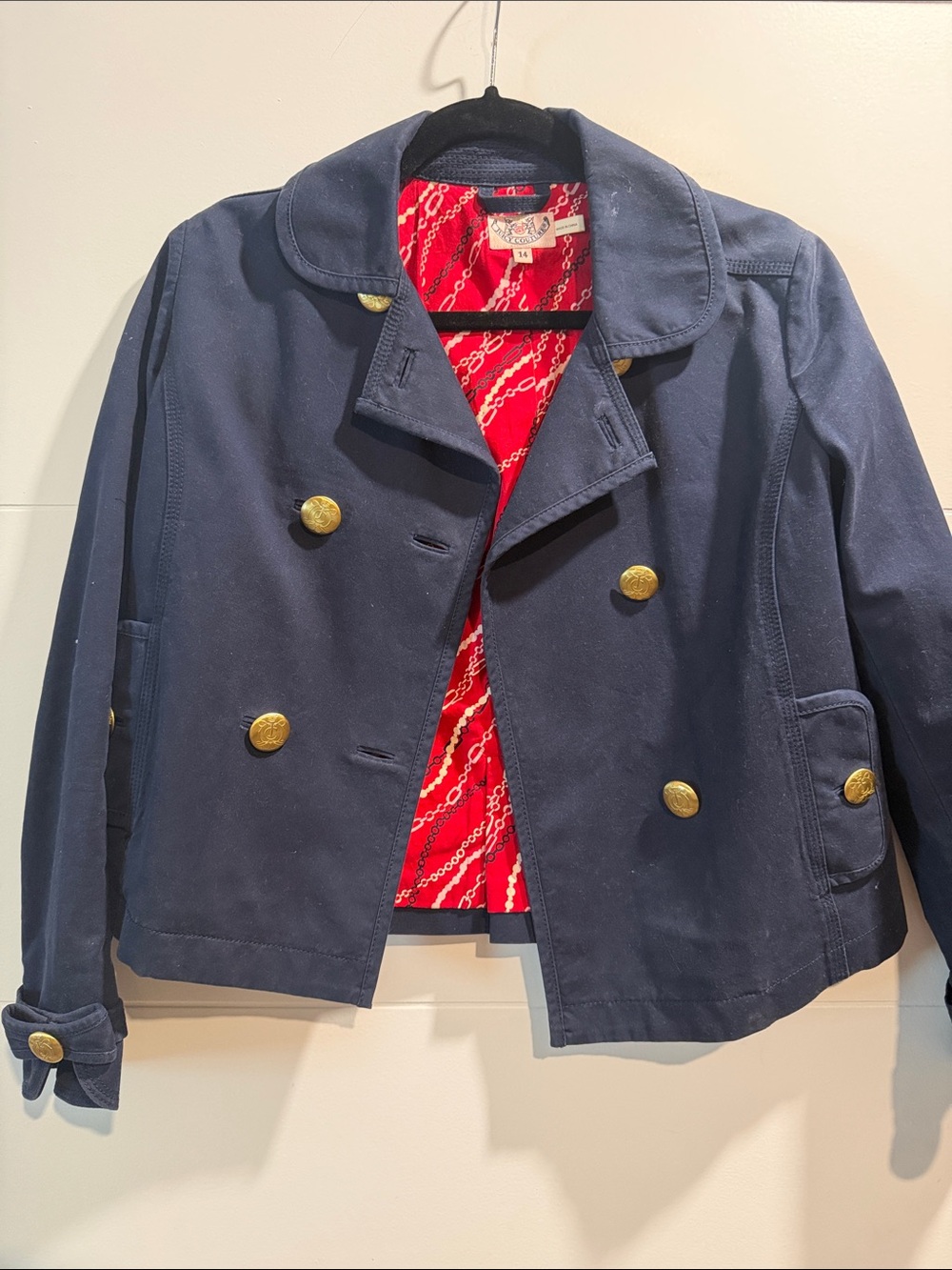 Juicy Couture Navy Jacket with Red Chain-Print Lining and Gold Label